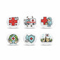 Six red cross themed round reel icons featuring hearts, ambulance, nurse, globe, shield