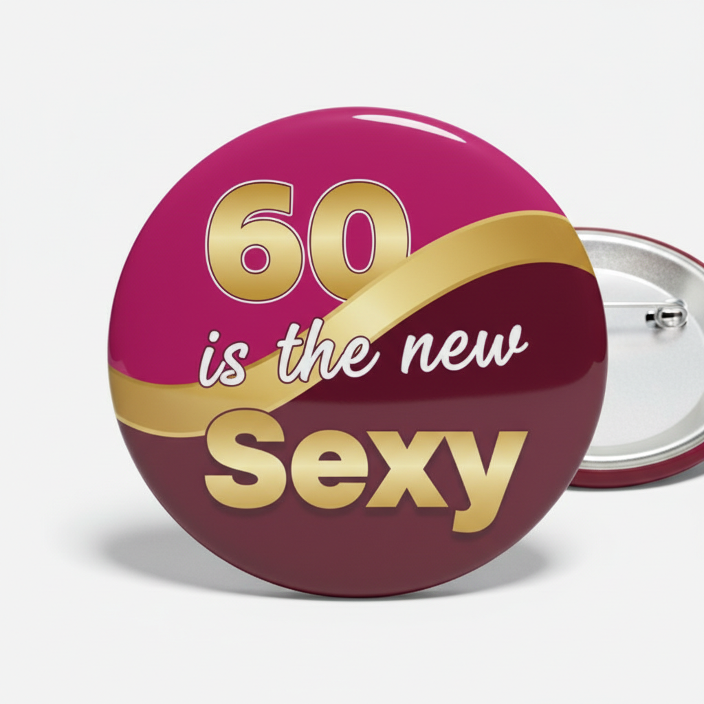 Round pinback button with burgundy background and gold '60' and 'Sexy' plus 'is the new'