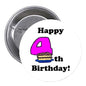 4th birthday pinback button with “Happy 4th Birthday!” purple hat burger graphic