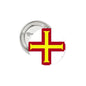 Guernsey flag pinback button, round silver metal with red and gold cross