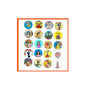 20 vintage comic pinback buttons with colorful character artwork, assorted designs