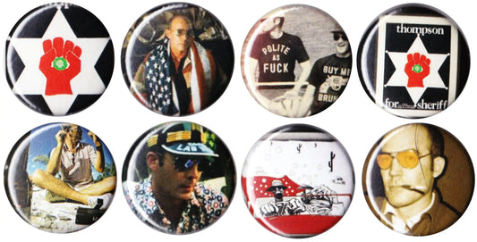 Set of round pinback badge buttons with colorful collage designs, assorted faces and icons