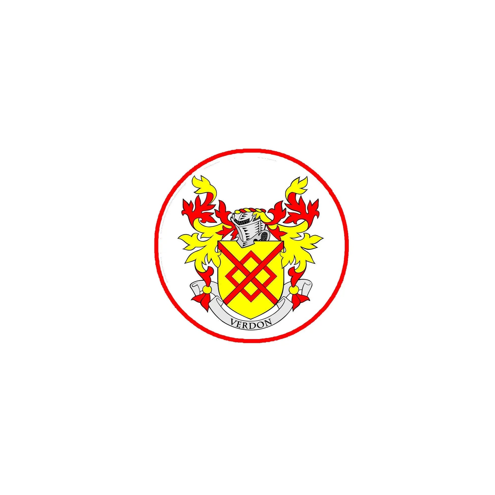 Round crest pin badge with red border and yellow, green, and black shield design