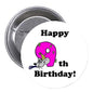 Birthday pinback button featuring "Happy 9th Birthday" with pink 9 and cartoon cat