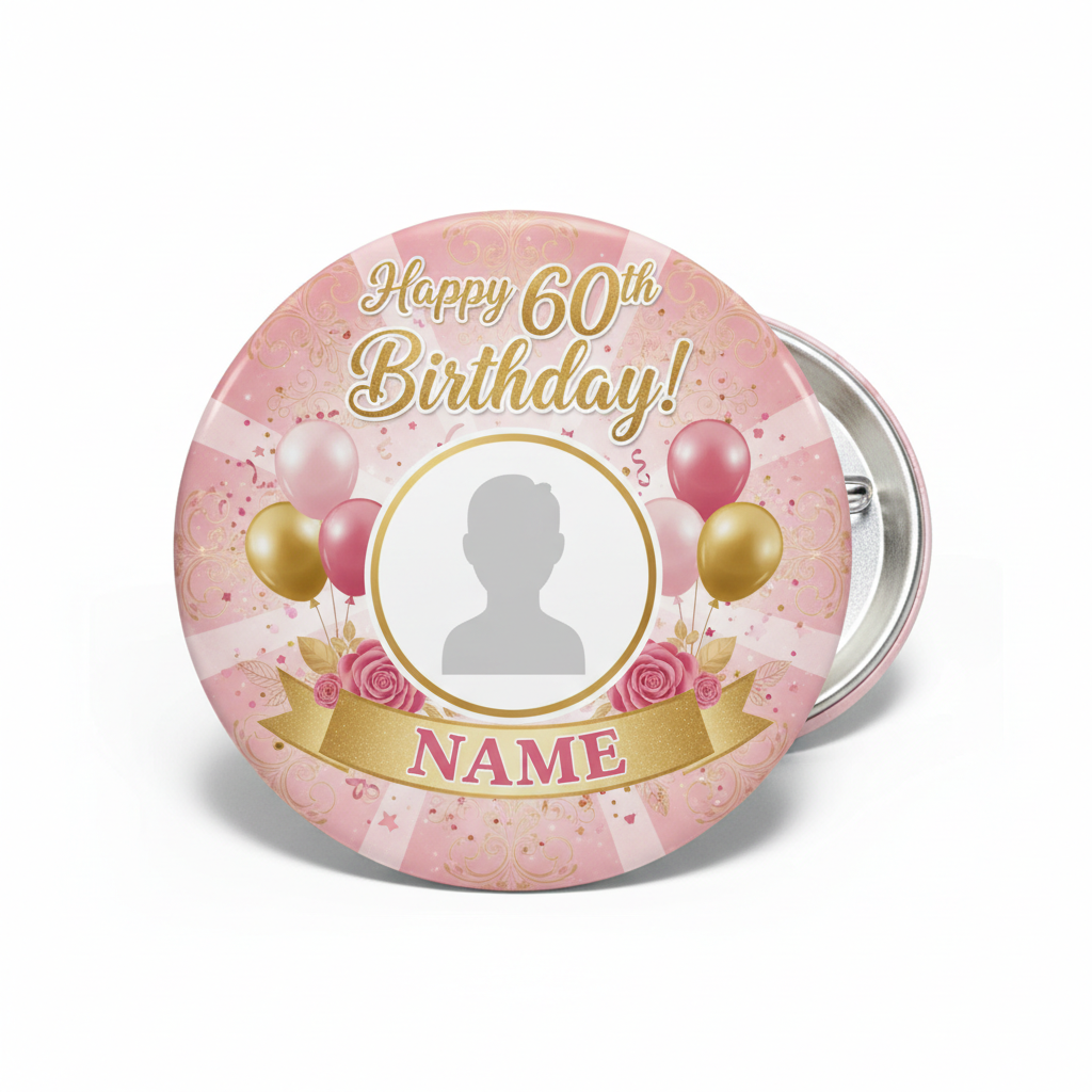 60th happy birthday pink custom photo and name Pinback 2.25-inch
