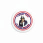 Uncle Sam pinback button with “I Want You to Speak English” text in red and blue