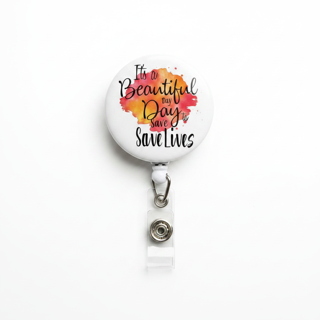 Retractable badge reel, white round face with “Beautiful Day to Save Lives” print