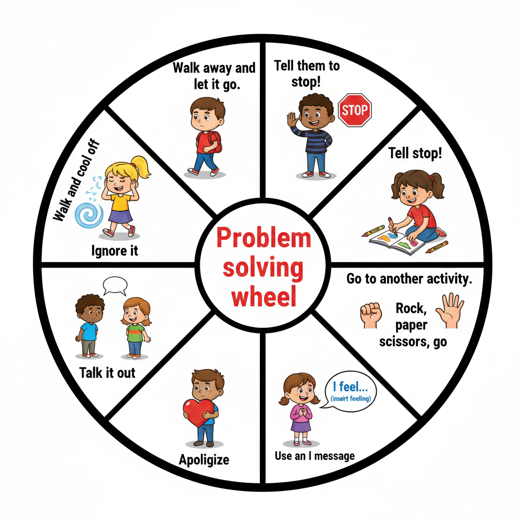 A circular diagram titled 'Problem solving wheel' with illustrated children demonstrating coping strategies such as 'Walk away and let it go,' 'Tell them to stop!,' 'Ignore it,' 'Talk it out,' 'Apologize,' 'Use an i message,' and 'Go to another activity.'.