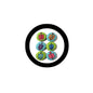 Set of six Hanukkah pinback button brooches, circular colorful symbols in black rings