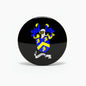 Round black coat of arms pinback button with blue-and-yellow Wyndham crest