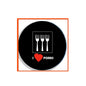 Black 2.25-inch button with fork icons and a red heart
