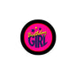 1.25-inch round pinback badge, pink Birthday Girl design with stars, black border