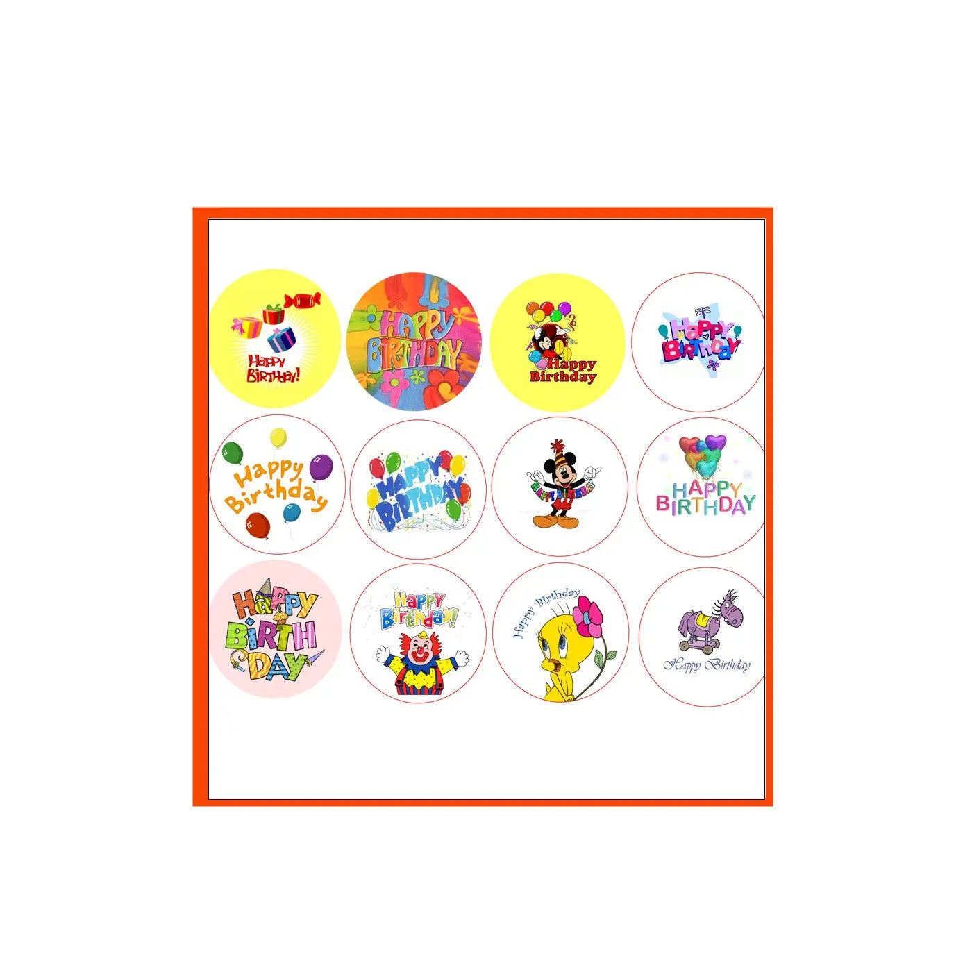 Set of 12 Happy Birthday round pinback buttons with colorful cartoon designs and pins