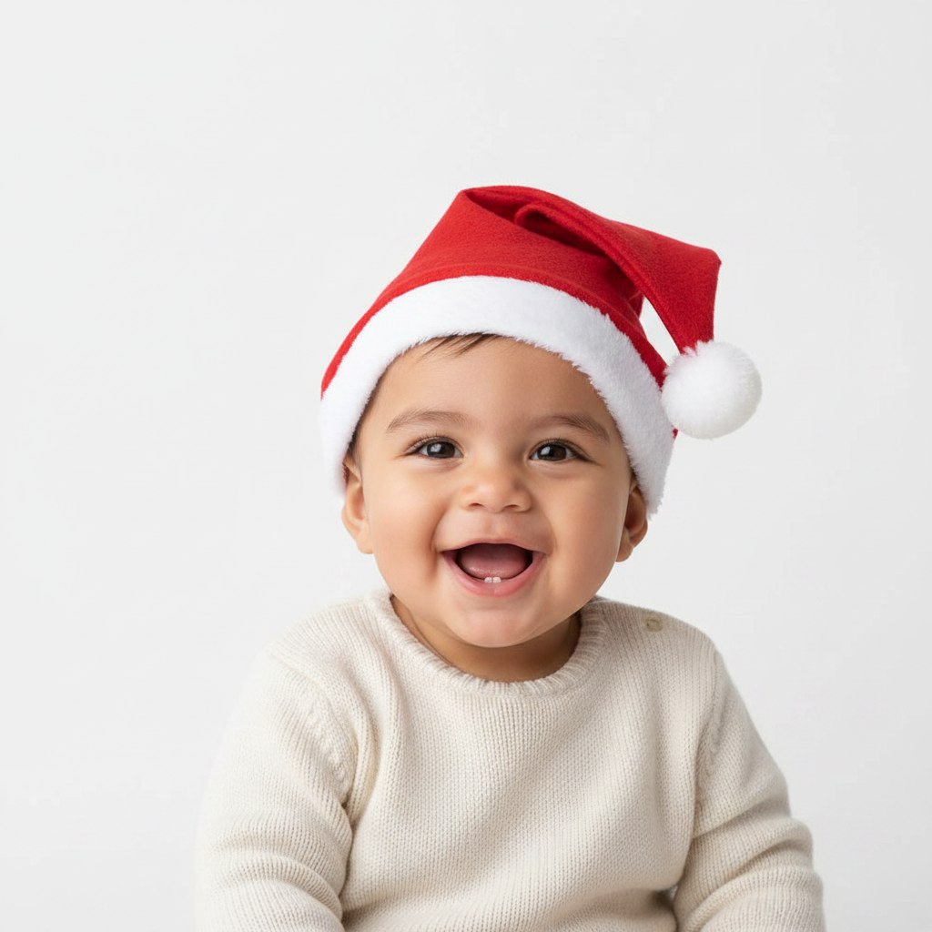 Infant Santa hat plush, red with white trim and white pom-pom