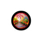 Round pinback button with black border and colorful forest landscape design
