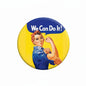 Round acrylic fridge magnet: 'We Can Do It!' with woman portrait