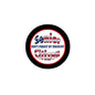 Round senior citizen joke pin with black rim, red border, blue “Senior” text