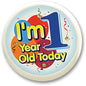 1-year-old birthday pin button, round blue design with “1 Year Old Today” text and confetti