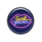 2.25-inch circular fridge magnet with neon pink and yellow 'Girl power' text