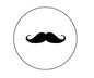 1.25-inch black moustache pinback button with circular face and raised moustache