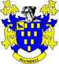 Blundell coat of arms crest magnet, blue shield with yellow squares and laurel