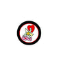 Cartoon love pinback button with black border and red heart graphic, round 2.25-inch
