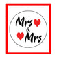 Round pinback button with 'Mrs' lettering and red heart '&' design