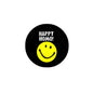 Round black pinback button with HAPPY HOMO! text and yellow smiley face graphic