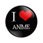 1.25-inch anime pinback button, black circle with I, red heart, and ANIME text