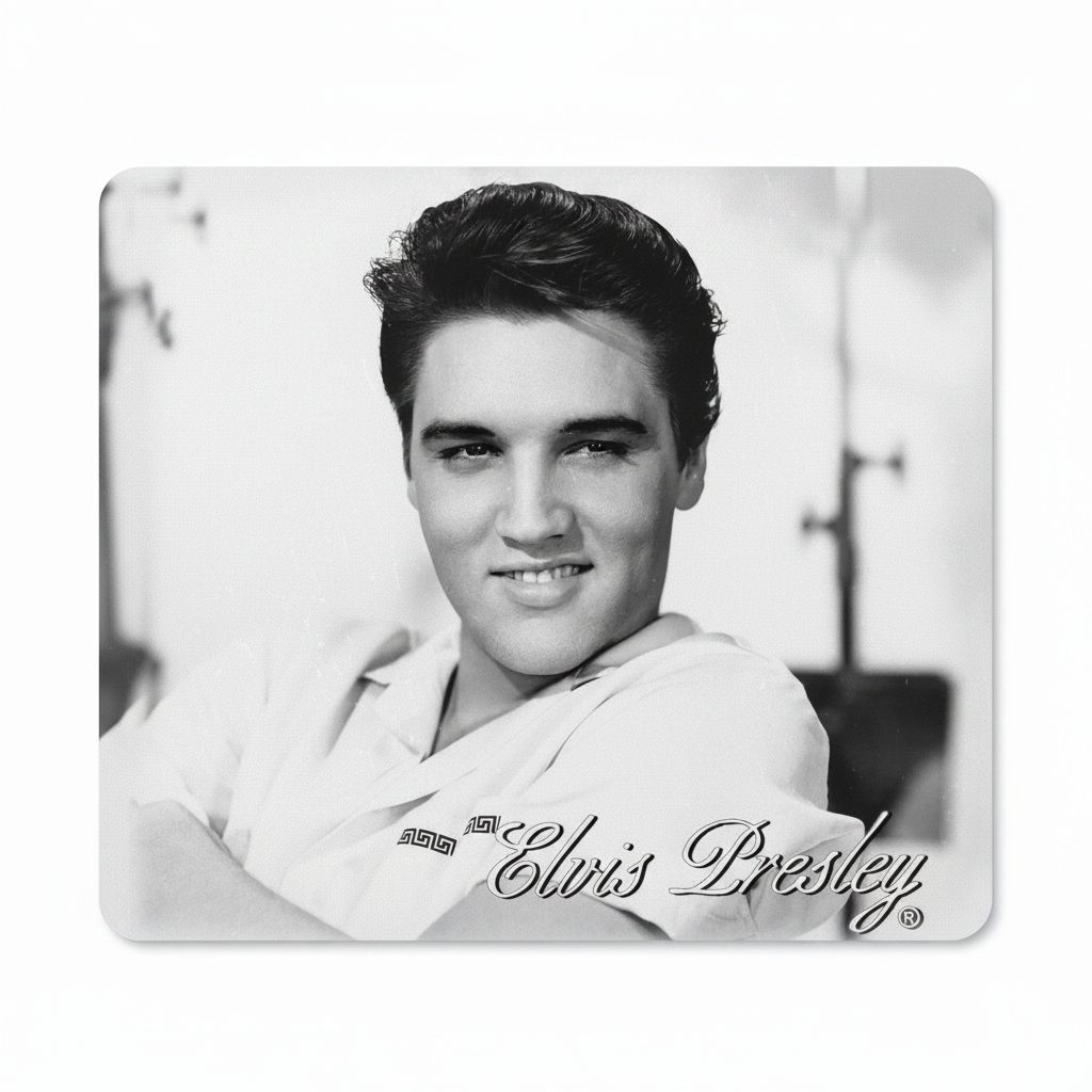 A rectangular mouse pad with rounded corners featuring a black-and-white portrait of Elvis Presley and his signature printed across the lower portion, shown on a plain white background.