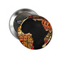 Round pinback badge with colorful Africa map abstract artwork, dark center, silver rim
