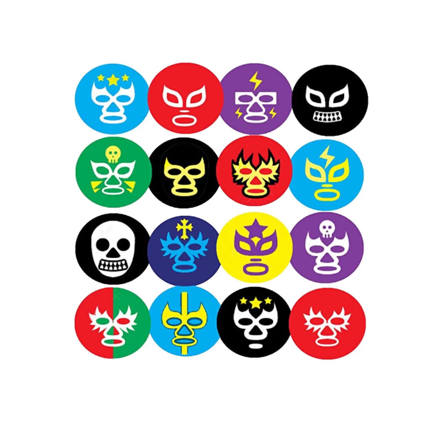 Colorful cartoon wrestler face pinback buttons set, round angry designs in multiple colors