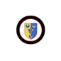 Round pinback badge with blue-and-gold coat of arms crest, red ring, black border.