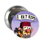 Creepy clown pinback button with purple circle art and text 'I EAT KIDS'