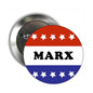 Round pinback button with red, white, and blue stripes, stars, and 'Marx' text