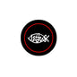 Round black pinback button with white Jesus symbol and red ring border