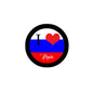 I Love Russia pinback badge, round with black rim, red heart on blue and red flag