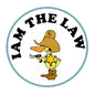 Kids pinback button, round design with “THE LAW” text and cowboy illustration