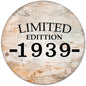 Round pinback button with woodgrain background, “LIMITED EDITION 1939-” text