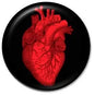 Red anatomical heart pinback button with black circular border, 1.25-inch