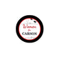 Round pinback button with black rim and white center, red 'Women for CARSON' text