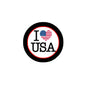 Round USA pinback button with red-white text I ♥ USA and small flag heart