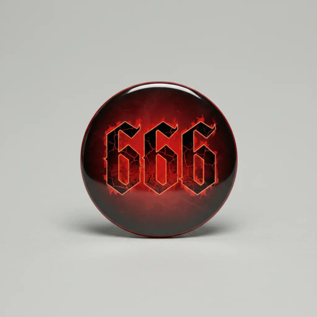 Round 2.25-inch pinback button with red and black 666 graphic