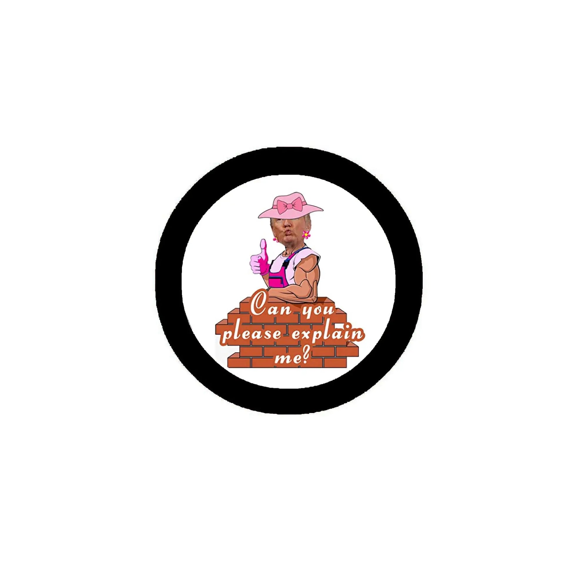 2.25-inch round graphic sticker with black border and pink hat illustration