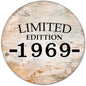 Round pinback button with "Limited Edition 1969" text on wood-look background