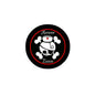 Black pirate skull pinback button with red ring, 'Arrrrr' and 'Ennn' text