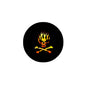 2.25-inch pinback badge with black round face and flaming skull graphic