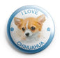 Round pinback button with chihuahua face, 'I LOVE' and 'CHIHUAHUA' text