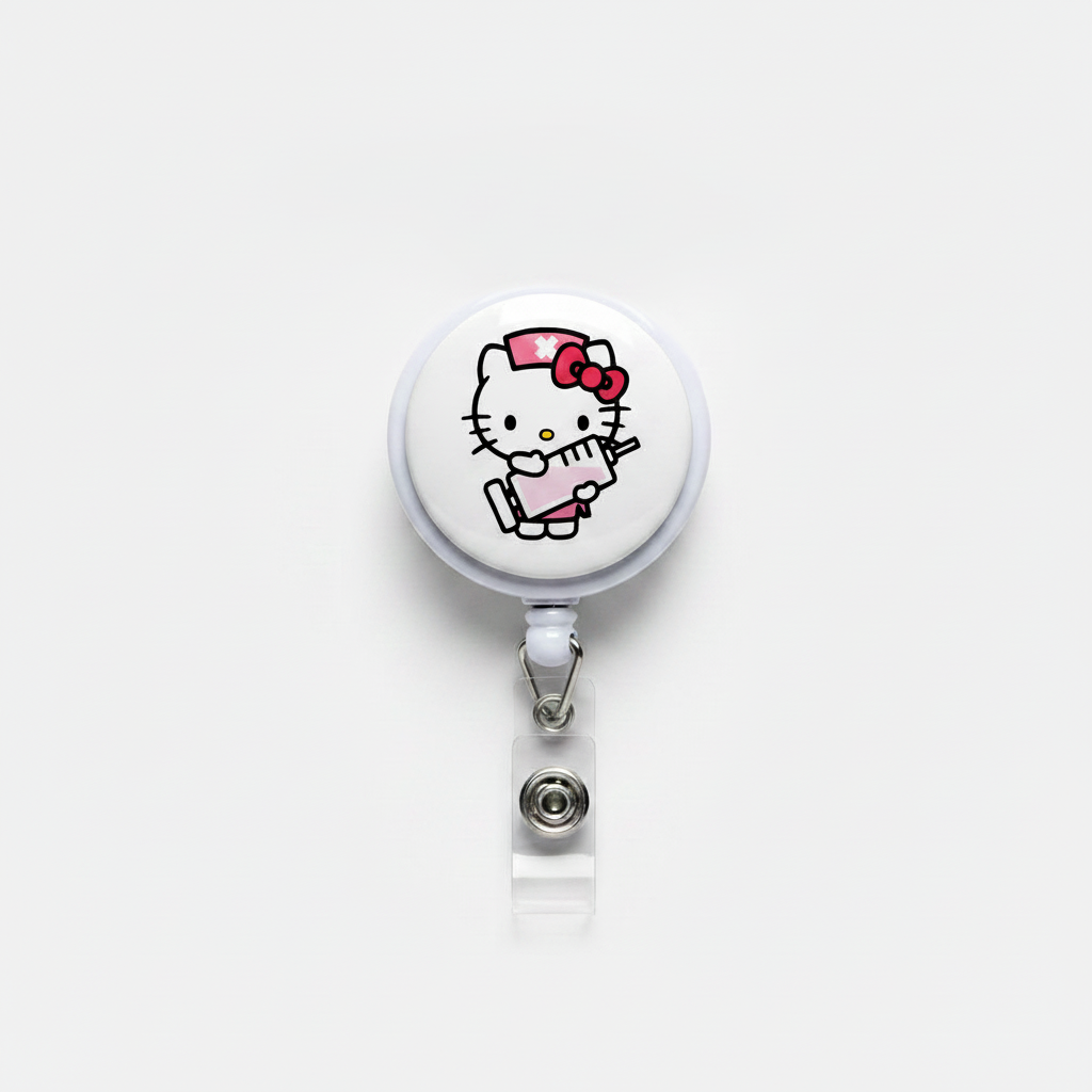 Retractable badge reel with badge clip; white housing featuring Hello Kitty nurse cat