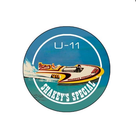 1973 U11 Shakeys Special Unlimited Hydroplane Racing Pinback for Jackets, Backpacks, 3 inches 3"